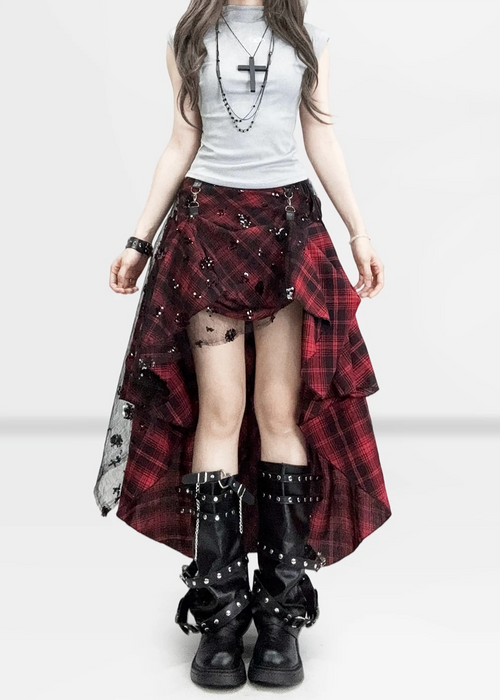 RED CHECK ASYMMETRY LAYERED SKIRT / LG1572
