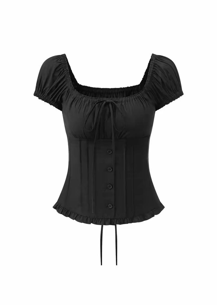 DARK SQUARE NECK PUFF SLEEVE TOP &amp; DOT TIERED MINI SKIRT / LG1678