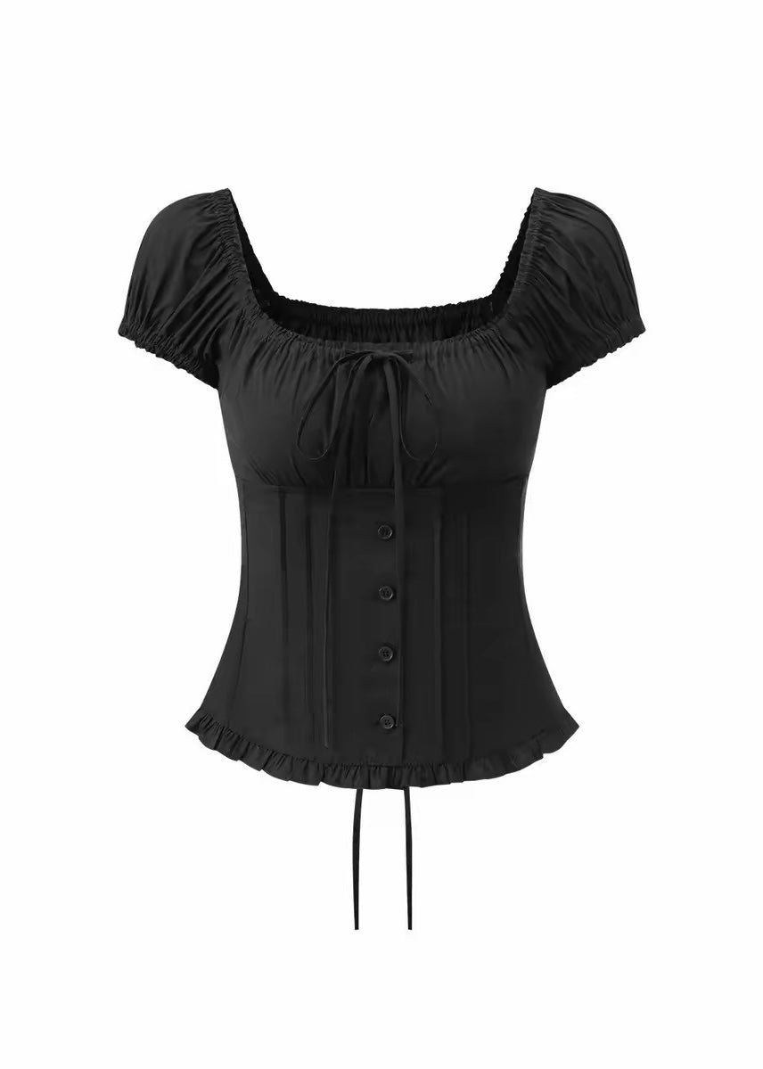 DARK SQUARE NECK PUFF SLEEVE TOP &amp; DOT TIERED MINI SKIRT / LG1678