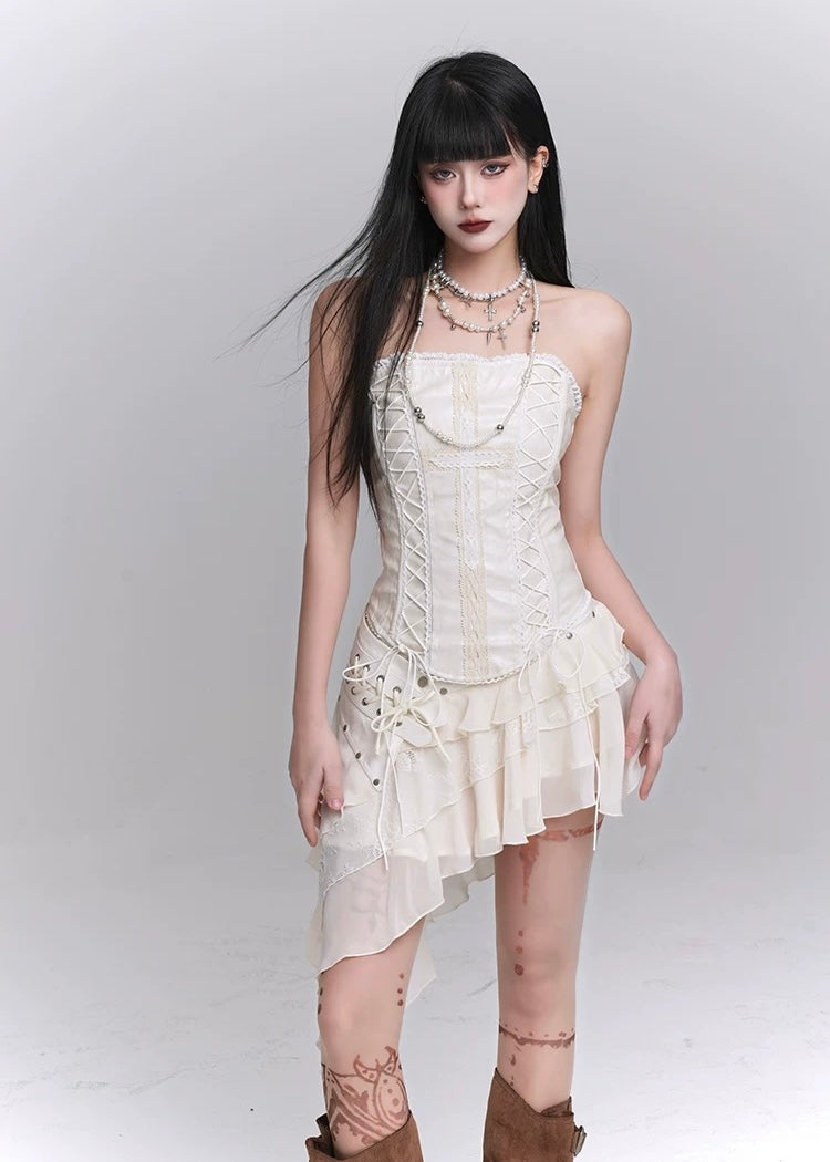 white cross tube top & lace irregular skirt / LG1240