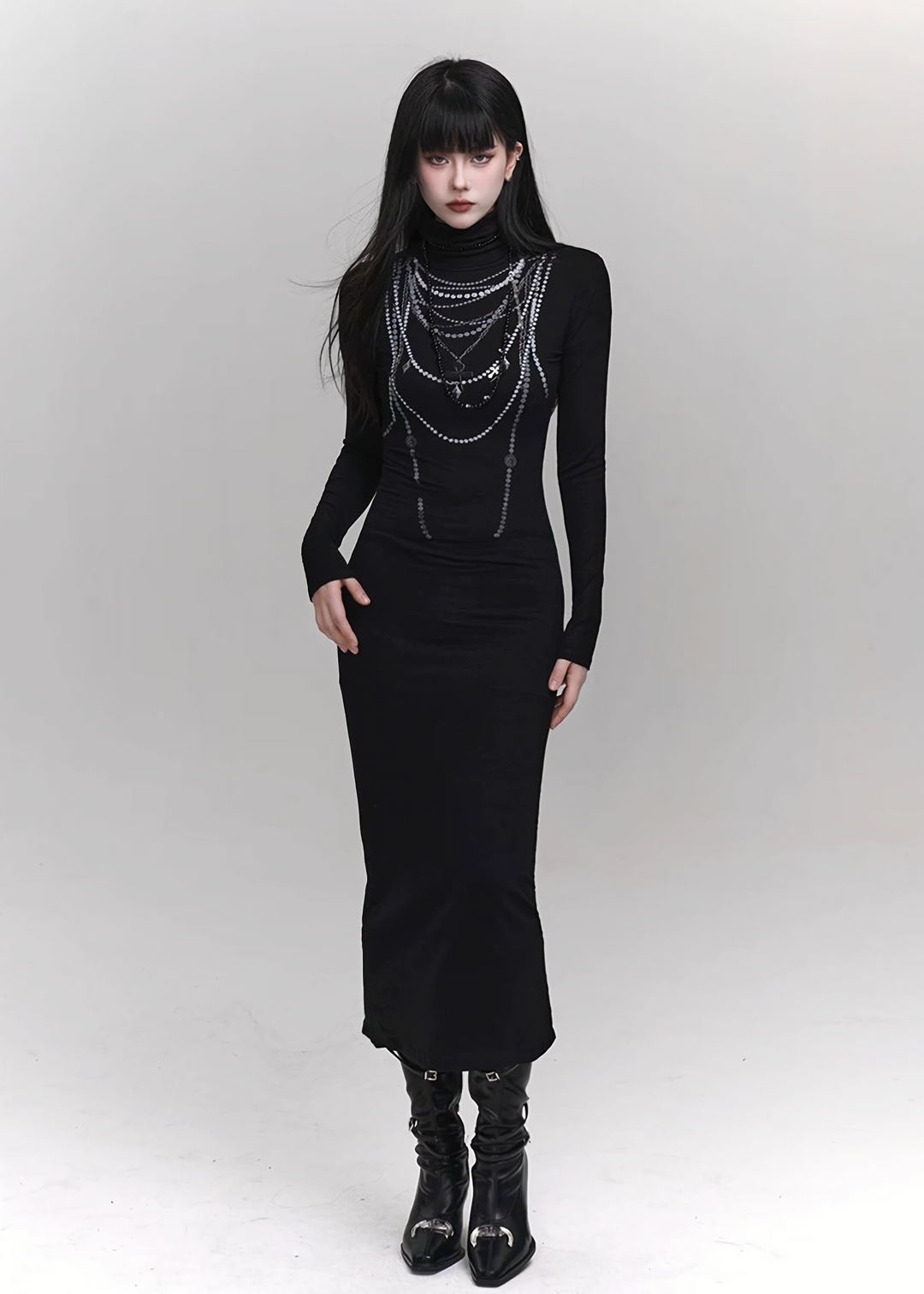 CHAIN DETAIL DARK LONG DRESS  / LG1420