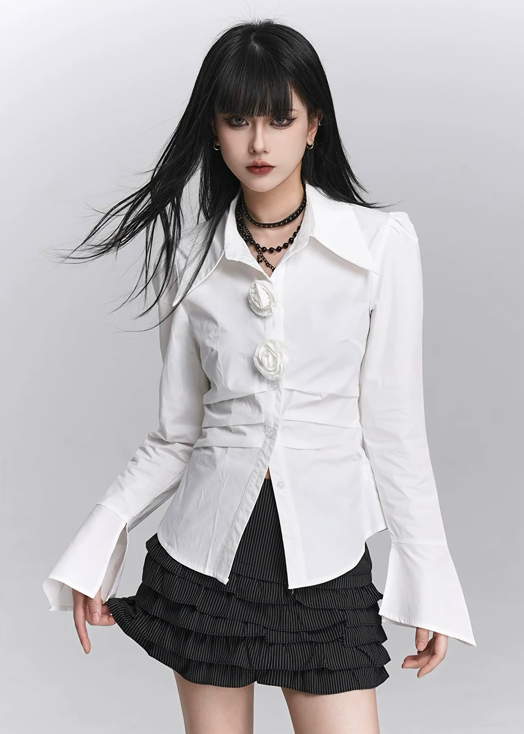 FLOWER BUTTON FLARE SLEEVE SHIRT / LG1429