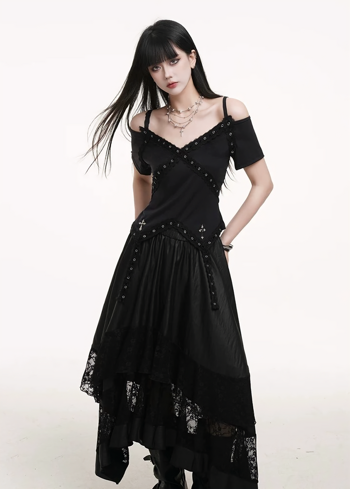 Off-the-shoulder cross rivet top &amp;amp; Lace Patchwork Solid Color Skirts / lg1254 