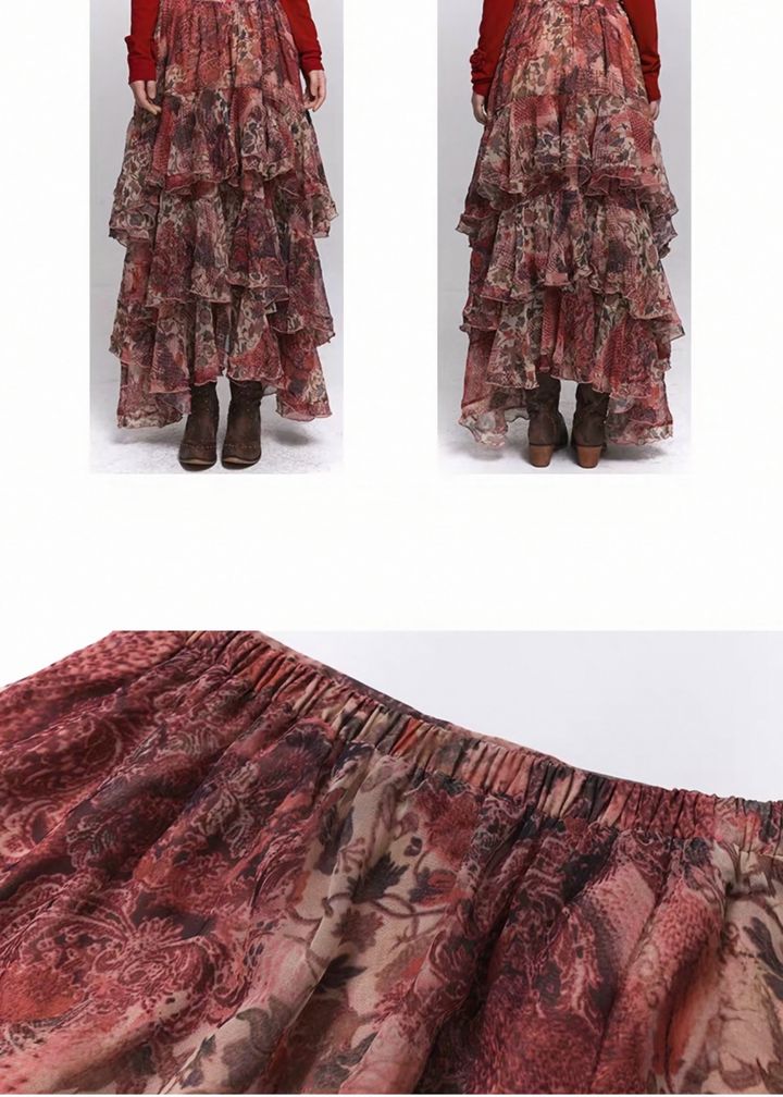 RED FLORAL TIERED LONG SKIRT / LG1501
