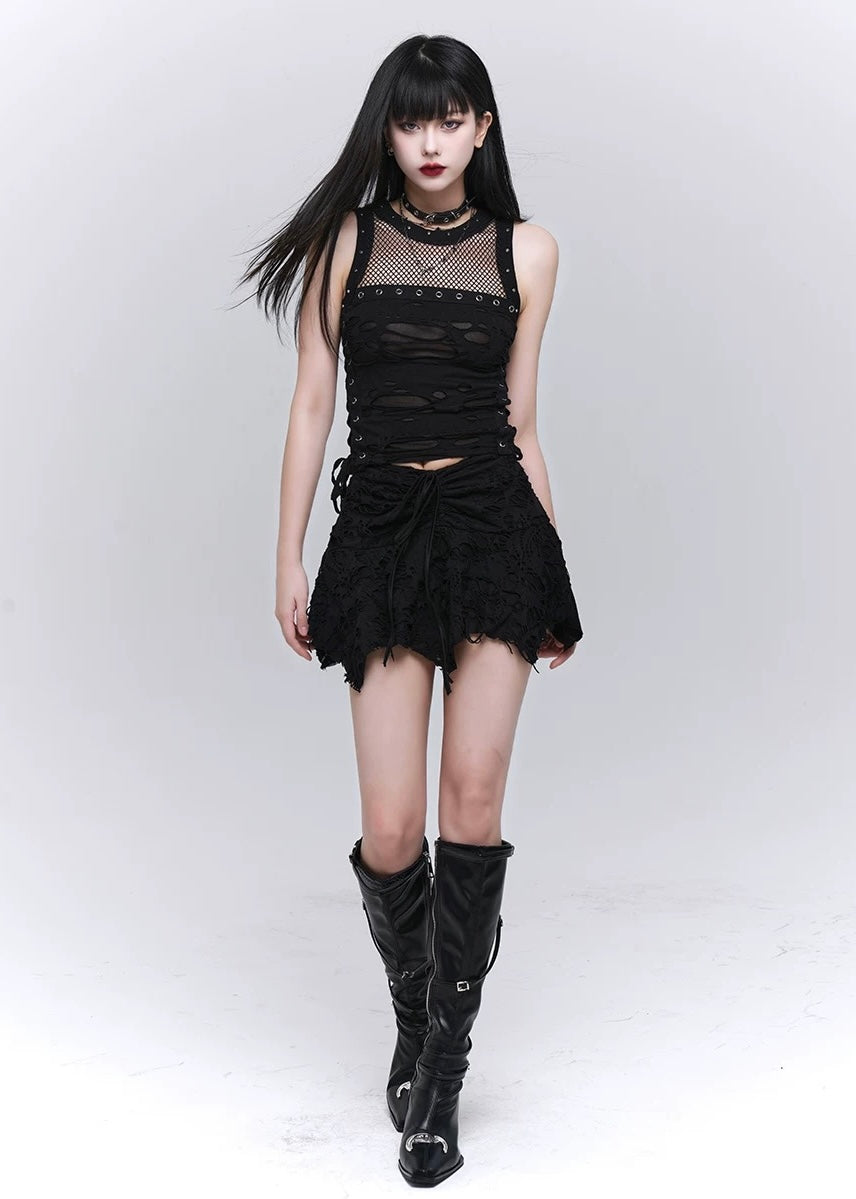 lace up crock top / LG1171 & gothic black hole short skirt / LG1172