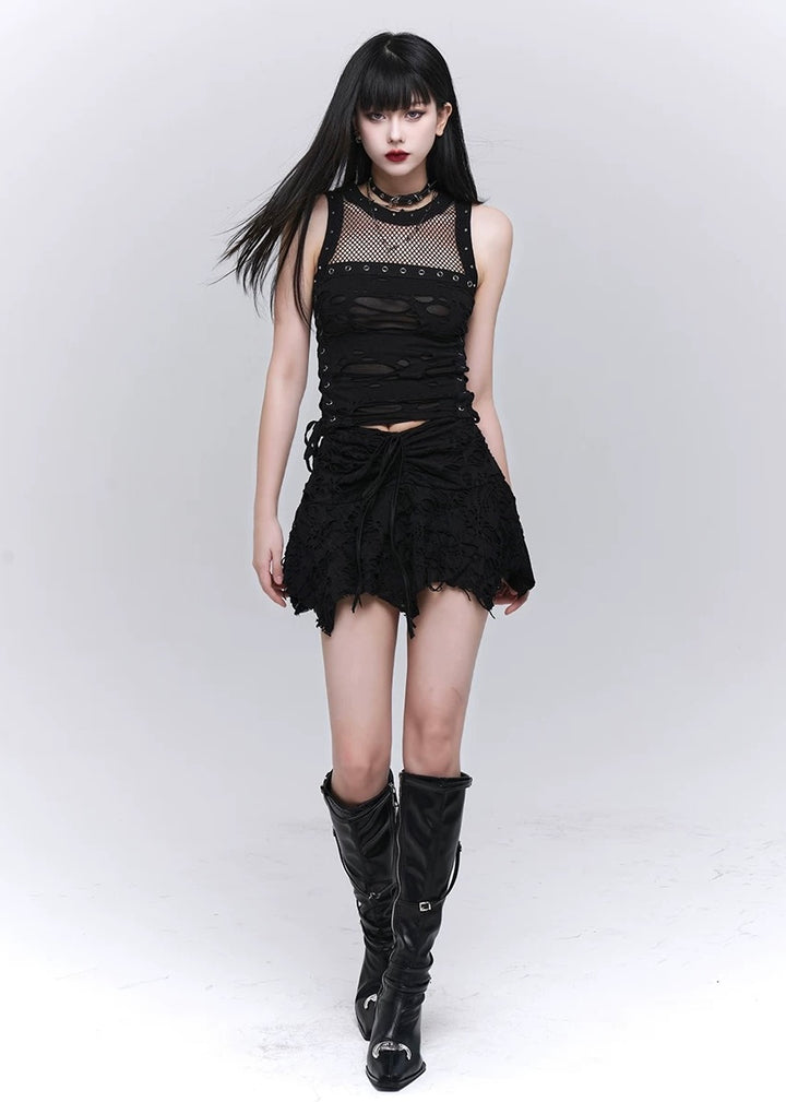 lace up crock top / LG1171 &amp; gothic black hole short skirt / LG1172 