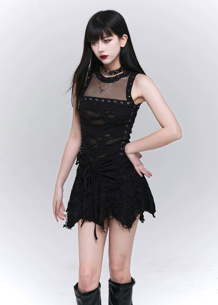 lace up crock top / LG1171 & gothic black hole short skirt / LG1172