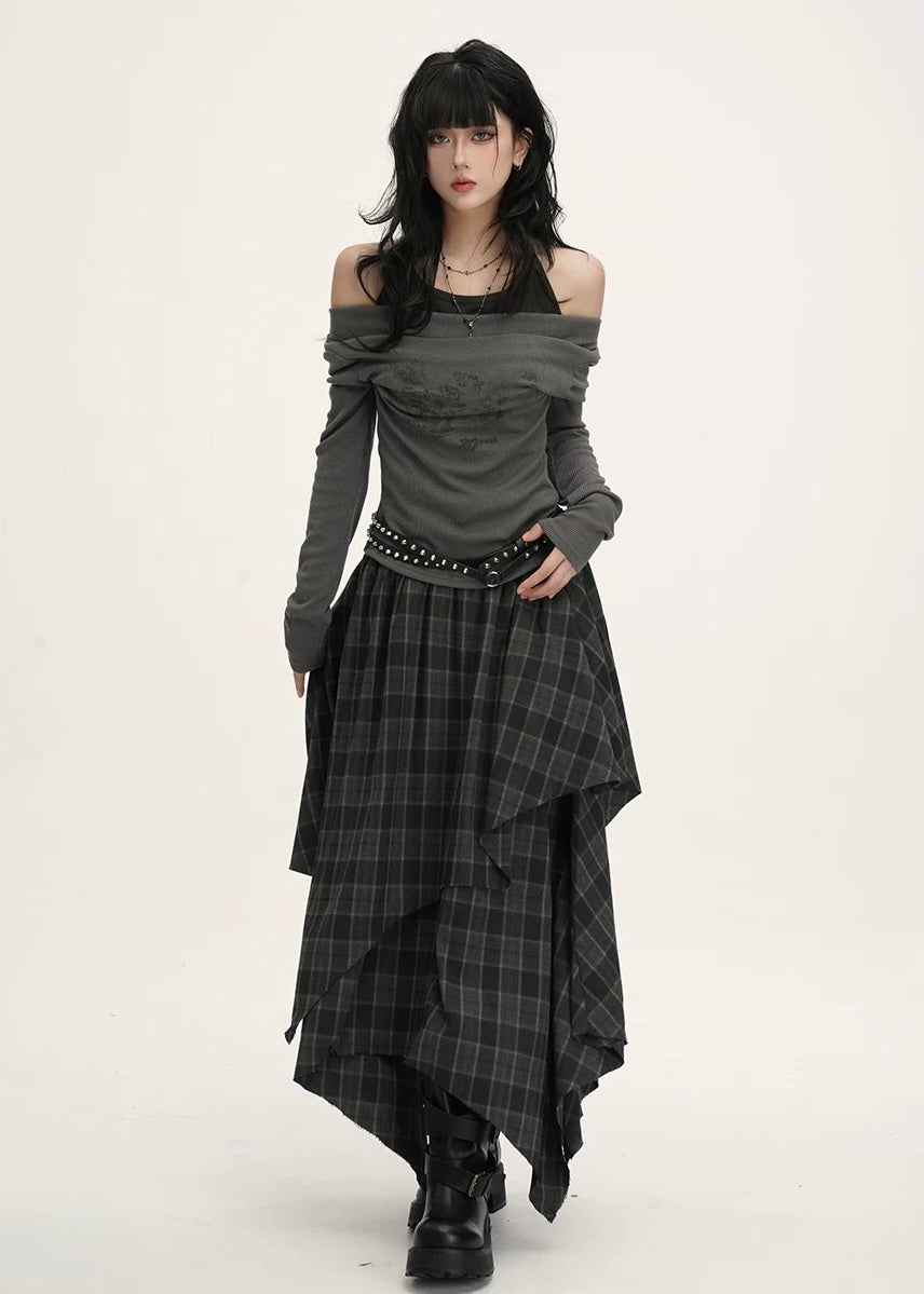 ASYMMETRIC CHECK DRAPE SKIRT / LG1539