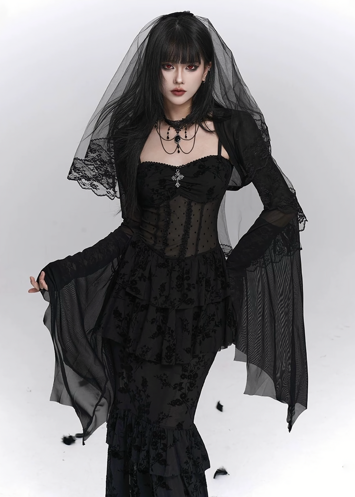 Nocturne Frill Dress & Shadow Sheer Cardigan / LG1408