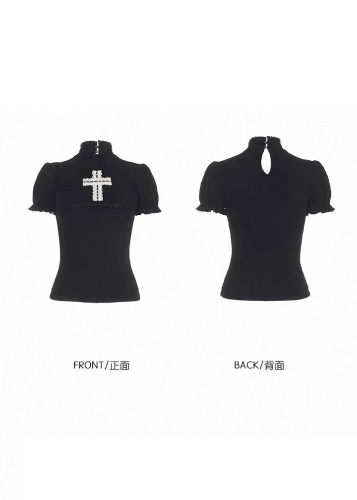 GOTHIC LACE CROSS FRILL TOP / LG1660
