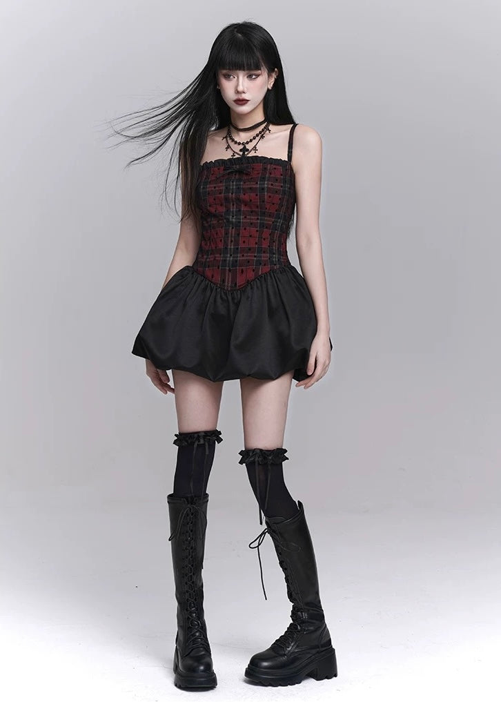 checkered suspender short dress / LG1246