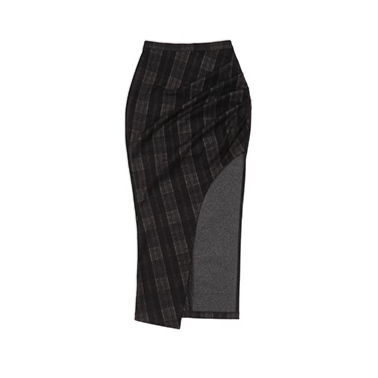 Irregular black check calf length skirt/mu1103