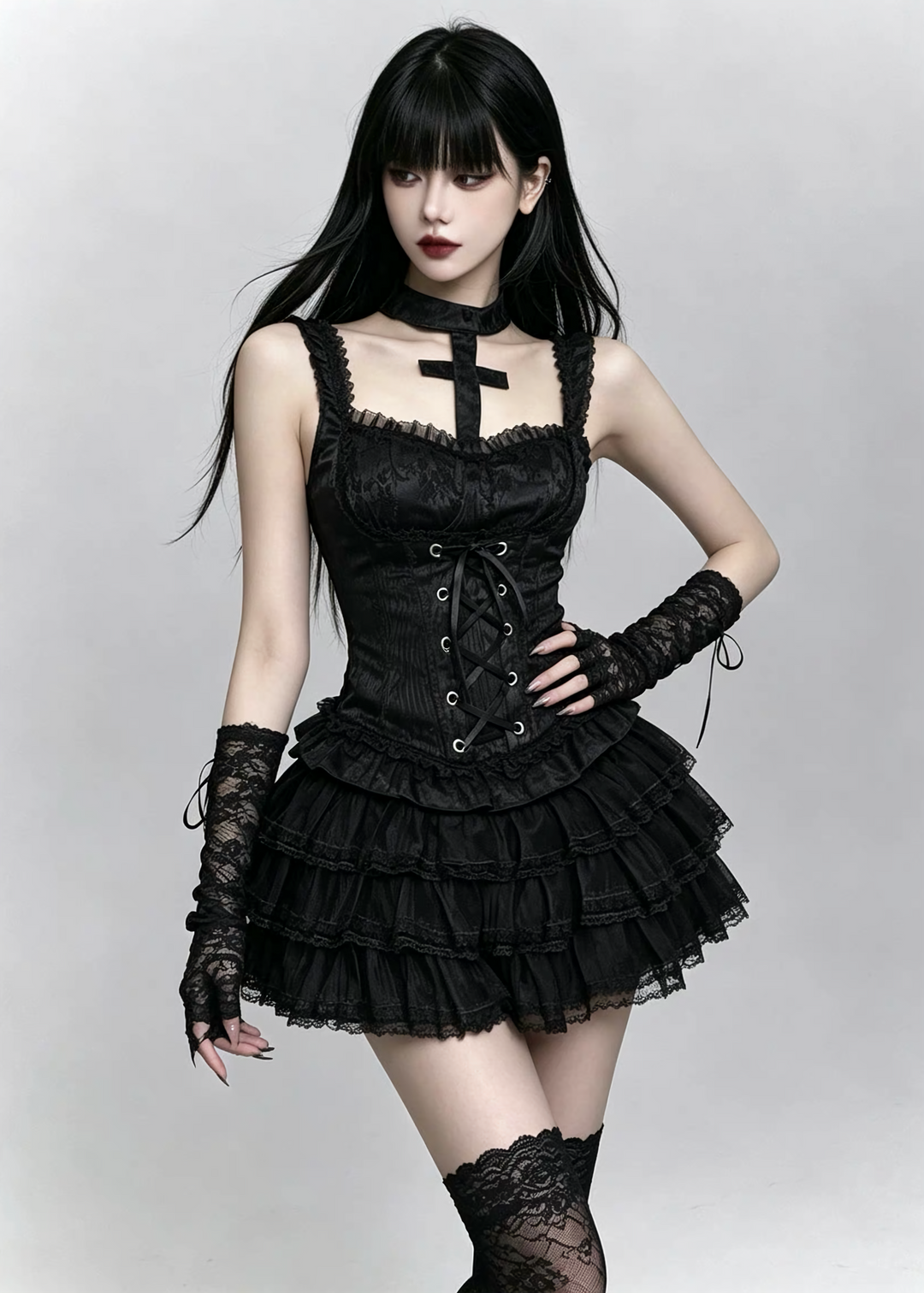 GOTHIC LACE-UP TOP &amp; RUFFLE MINI SKIRT / LG1693