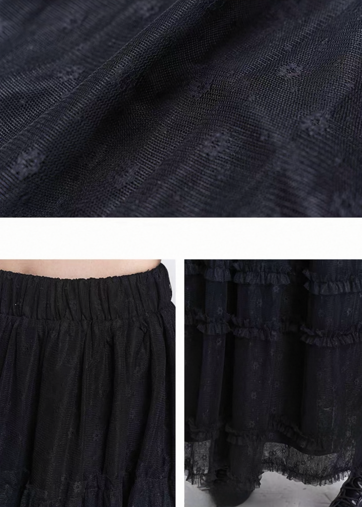 BLACK LACE TIERED MESH SKIRT / LG1531_e4r