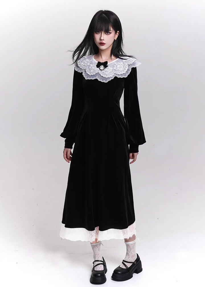 VELVET LACE COLLAR LONG DRESS / LG1471