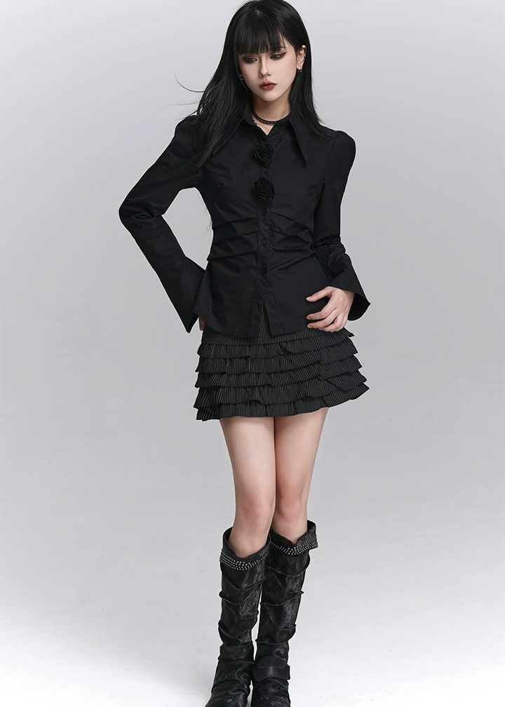 FLOWER BUTTON FLARE SLEEVE SHIRT / LG1429