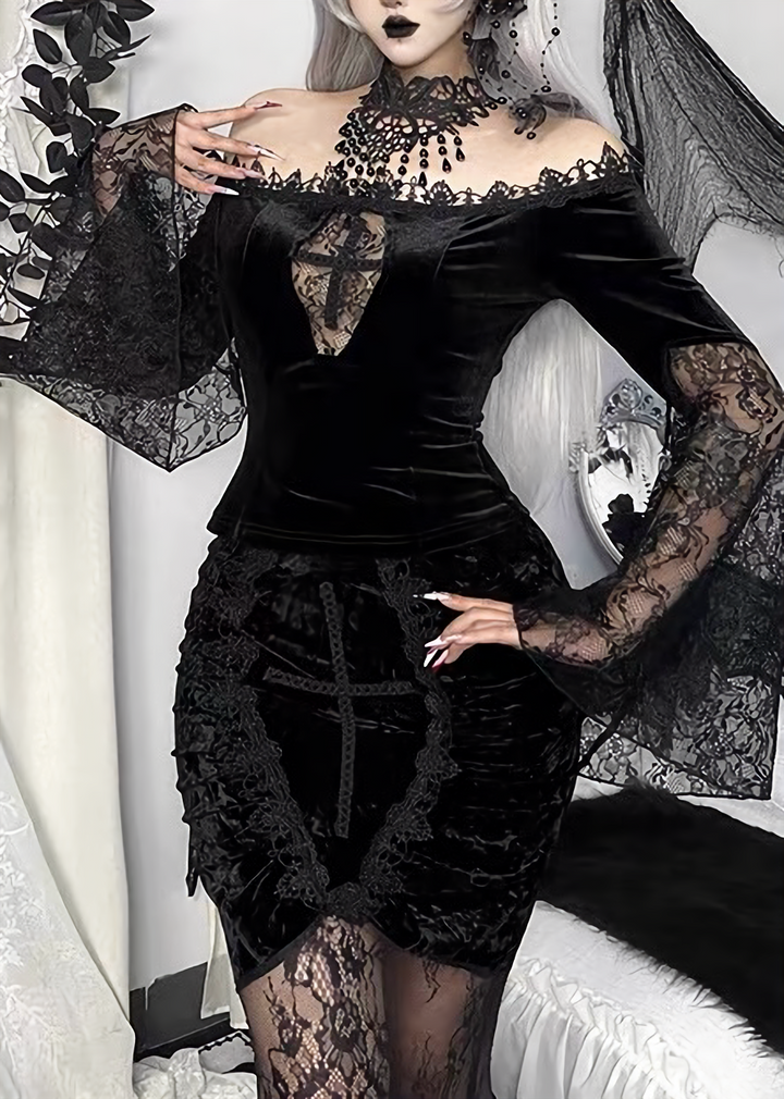 OFF SHOULDER LACE TOP &amp; CROSS MERMAID SKIRT / LG1712