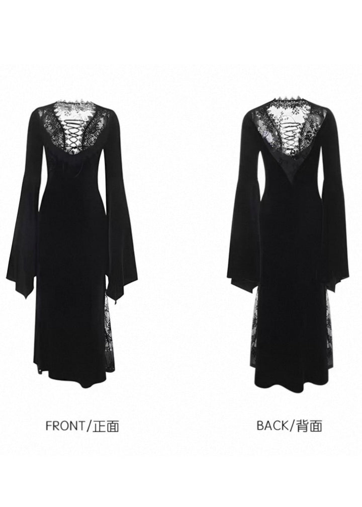 VELVET LACE-UP LACE PANEL LONG DRESS / LG1729