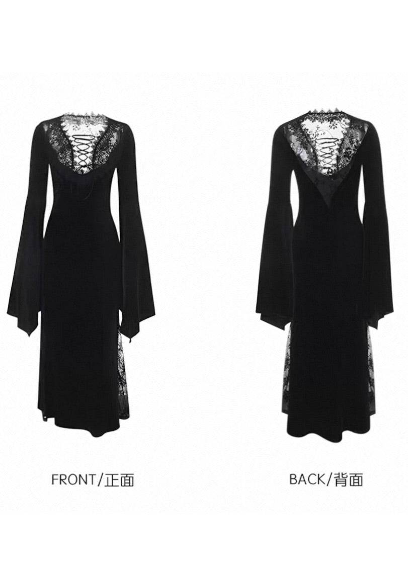 VELVET LACE-UP LACE PANEL LONG DRESS / LG1729