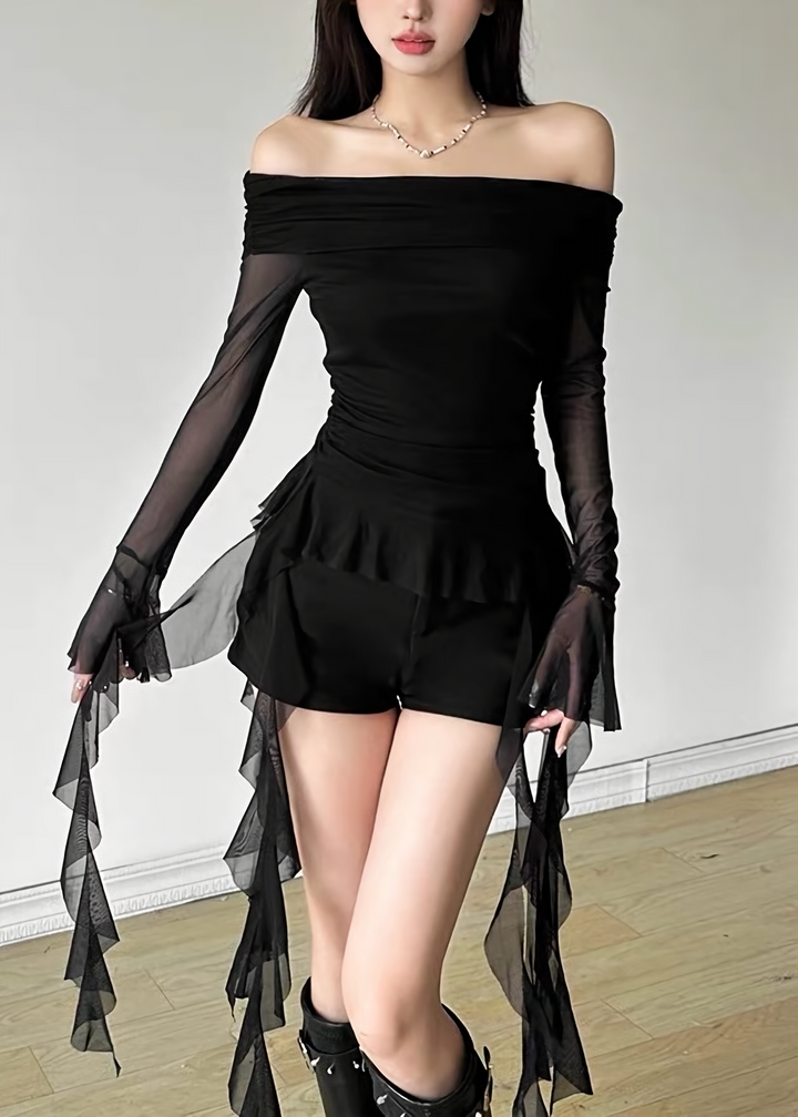 DARK OFF-SHOULDER SHEER FRILL TOP / LG1646