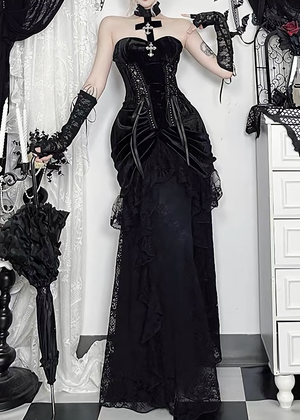 GOTHIC CROSS CORSET TOP & DRAPE LACE LONG SKIRT / LG1680