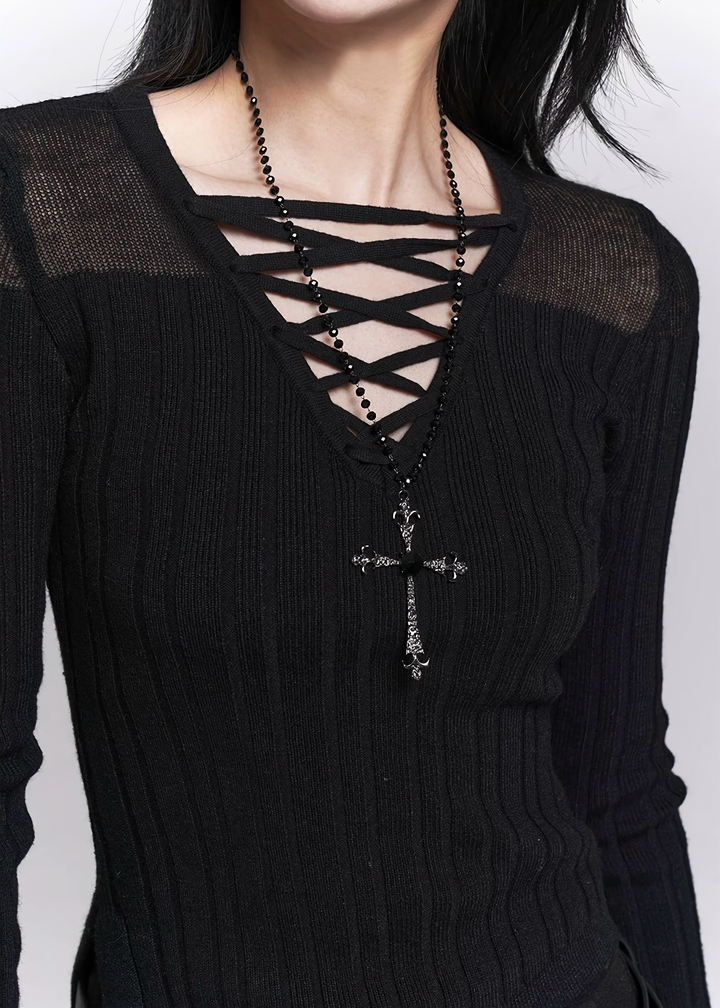 LACE-UP V-NECK KNIT TOP / LG1497