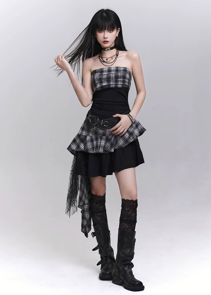 Check drape mini dress / LG1292 