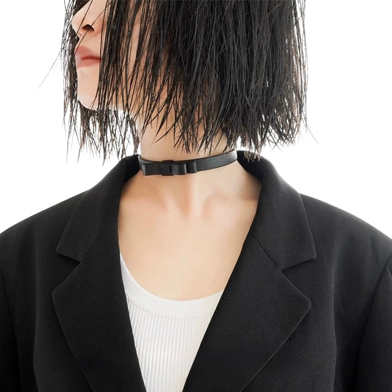 Bow collar black goatskin choker / a1103