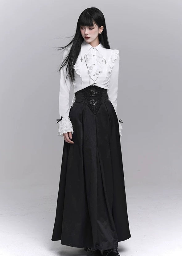 frill blouse &amp; high waist pleated long skirt / LG1224