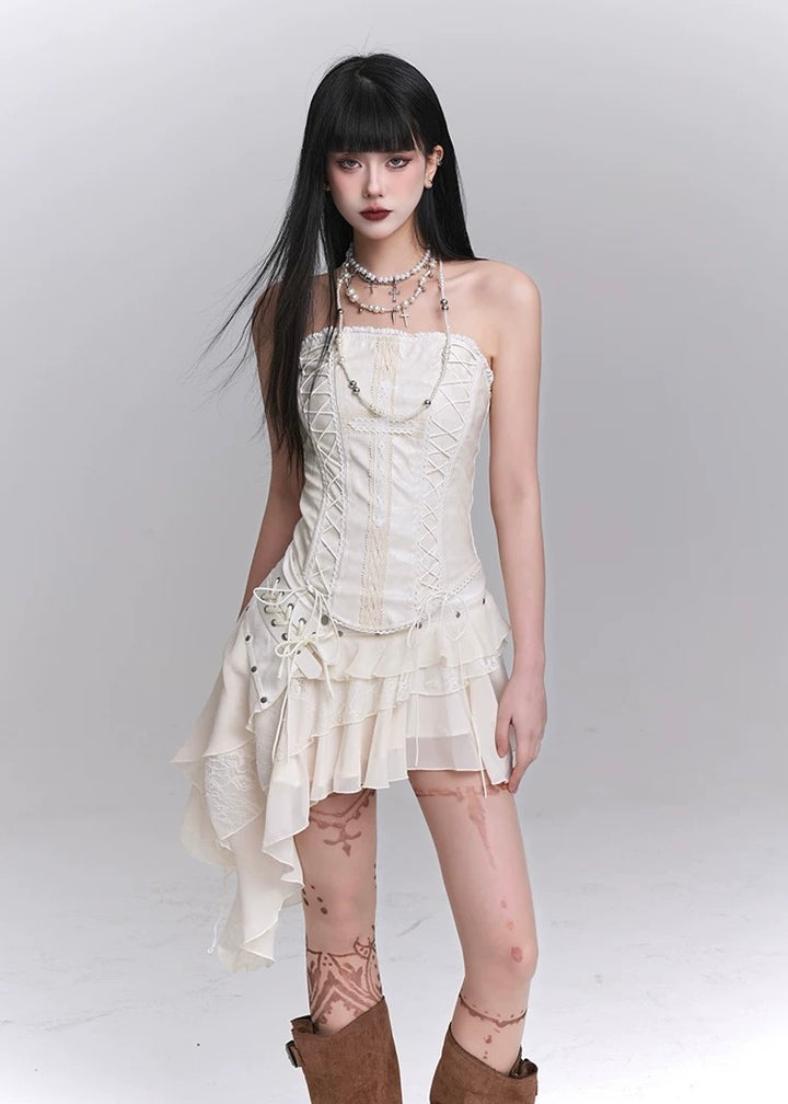 white cross tube top & lace irregular skirt / LG1240