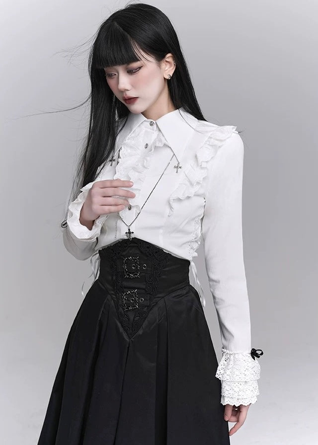 frill blouse &amp; high waist pleated long skirt / LG1224