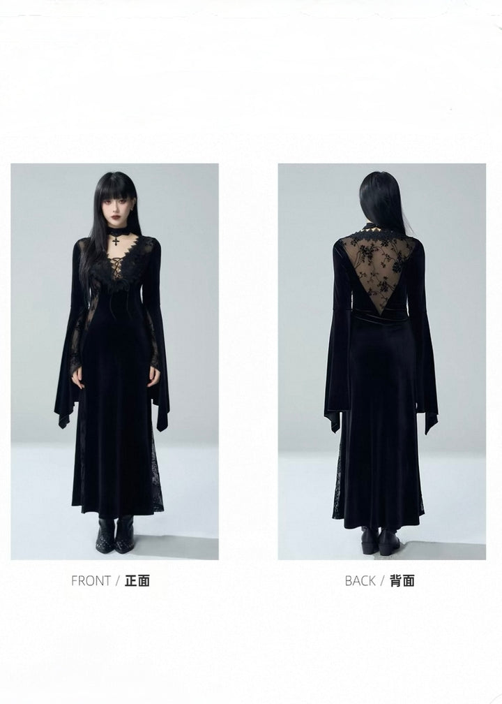 VELVET LACE-UP LACE PANEL LONG DRESS / LG1729