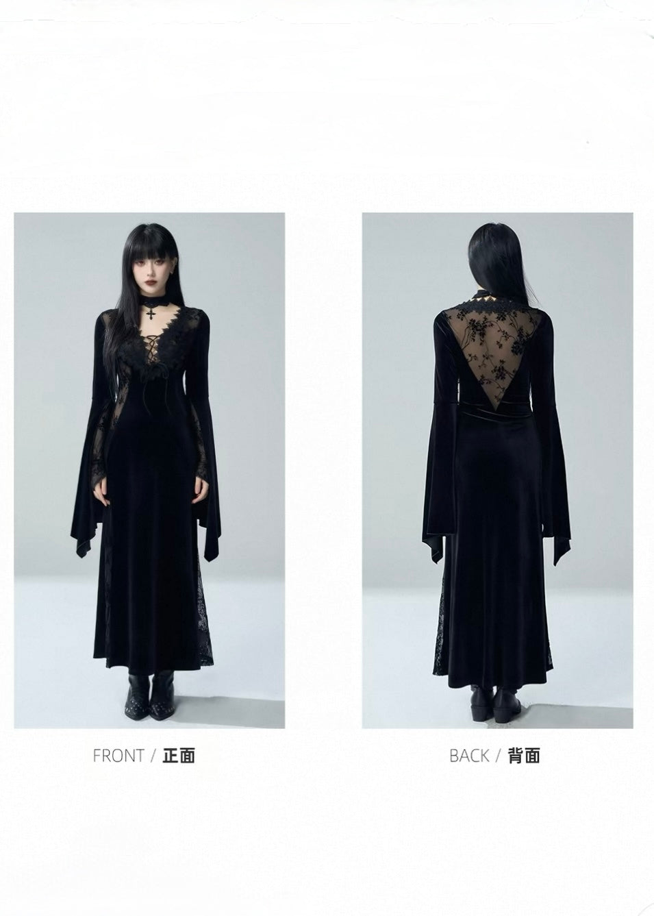 VELVET LACE-UP LACE PANEL LONG DRESS / LG1729