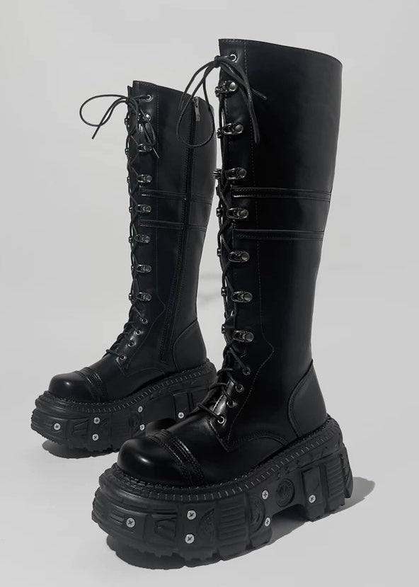 Black platform lace-up long boots / V1101