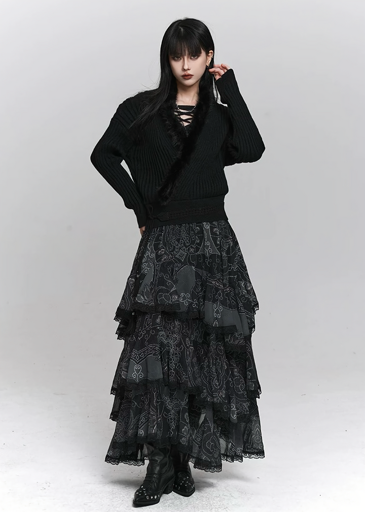 SOFT FUR TRIM V-NECK KNIT SWEATER / LG1500