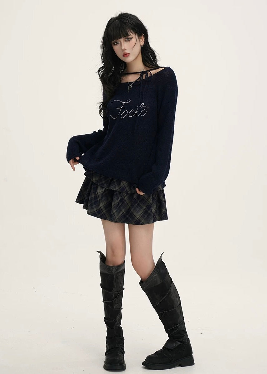 Ribbon Neck Sheer Knit Tops /LG1389