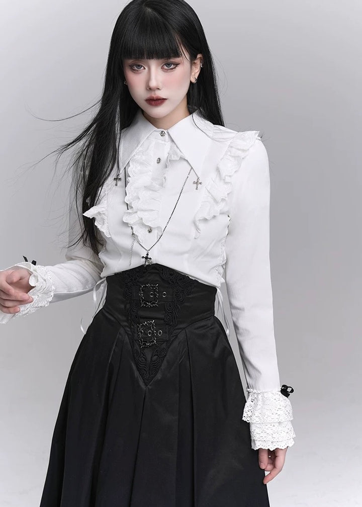 frill blouse &amp; high waist pleated long skirt / LG1224
