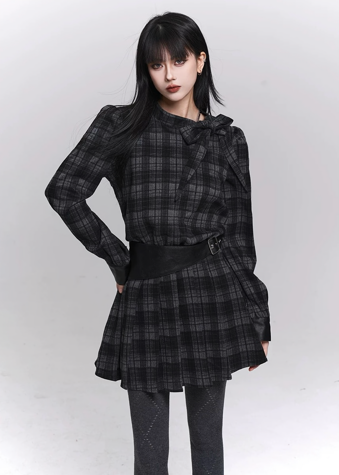 GHOSTLY CHECK RIBBON MINI DRESS / LG1490