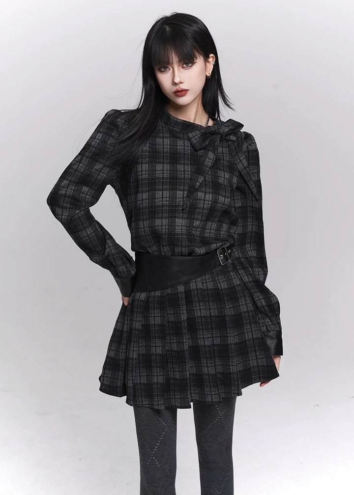 GHOSTLY CHECK RIBBON MINI DRESS / LG1490