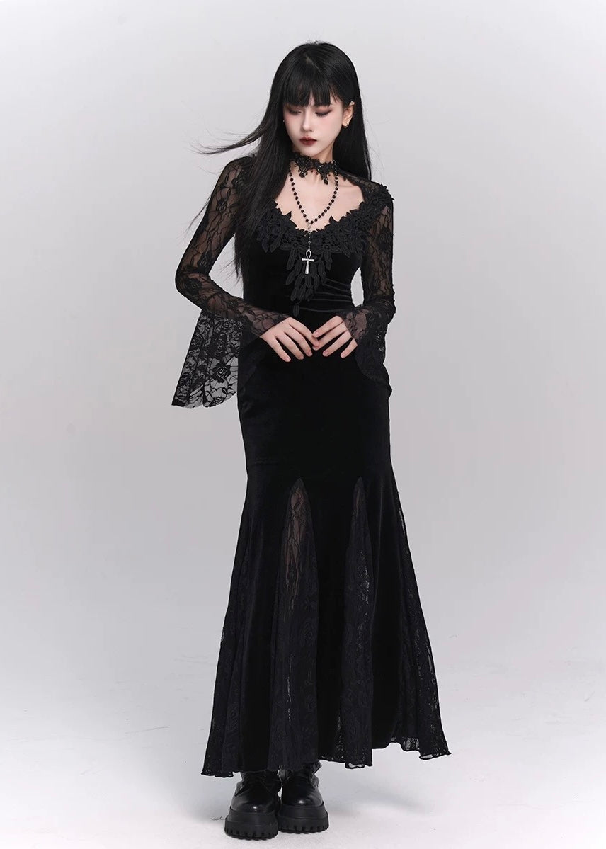 [Same day delivery] black velvet long dress / LG1177 