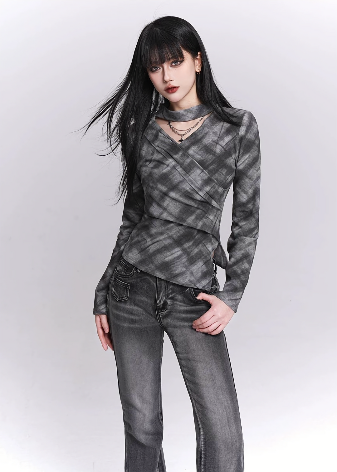 SMOKE PLAID WRAP TOP / LG1527