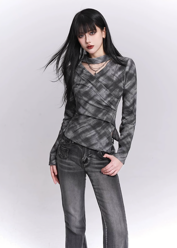 SMOKE PLAID WRAP TOP / LG1527