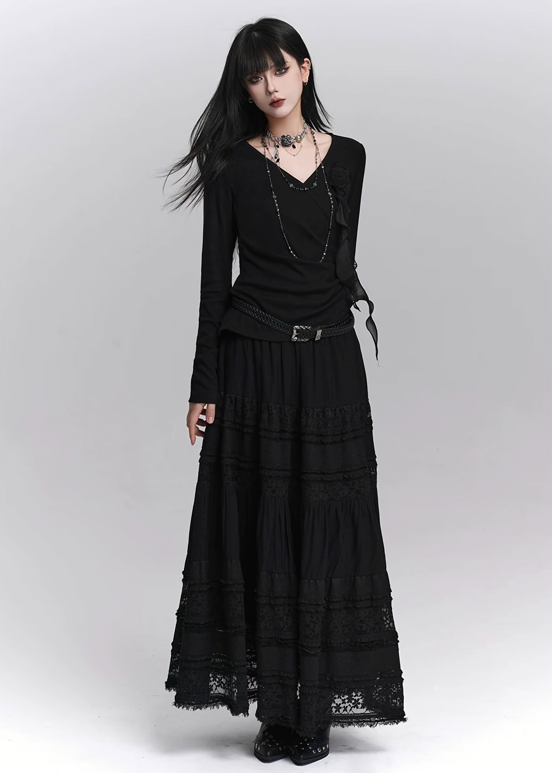 LACE TIERED LONG SKIRT / LG1412_e4r