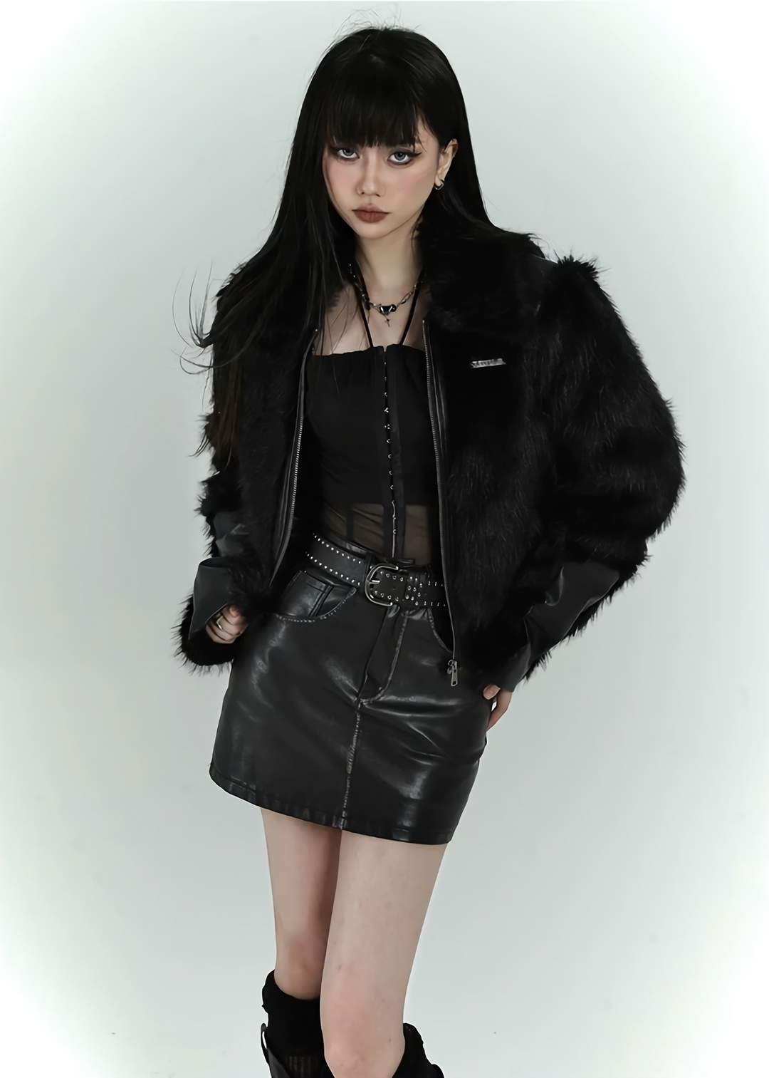 short faux black fur jacket / LG1168