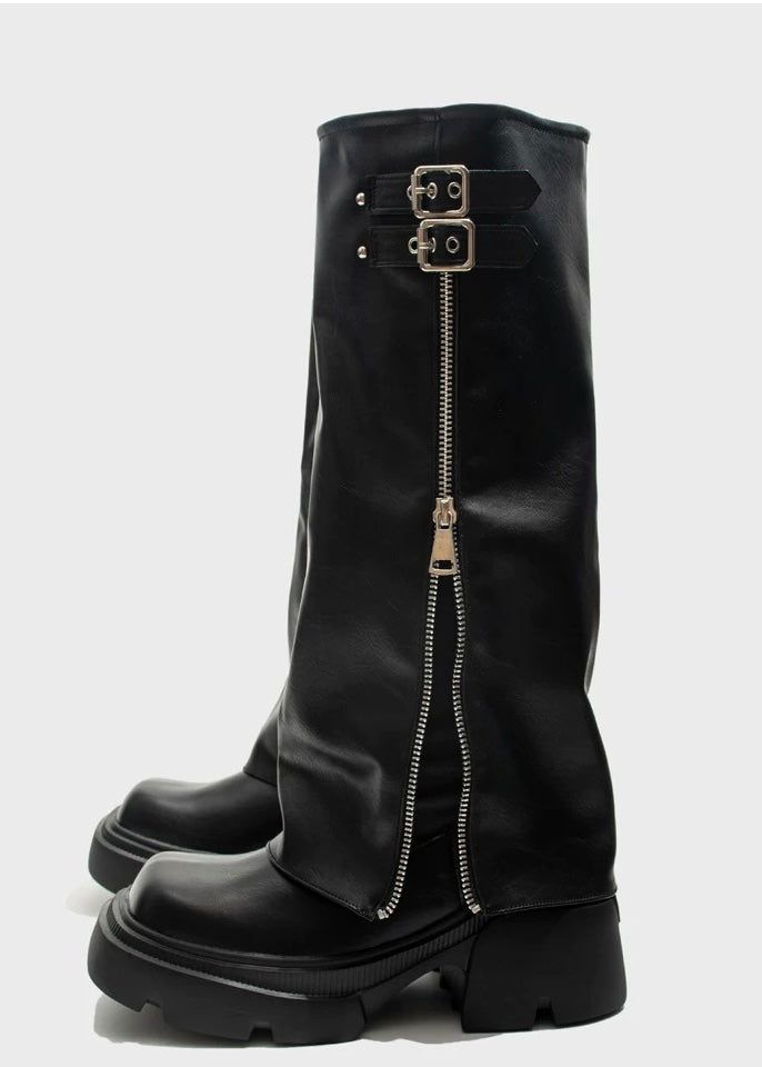 square toe chunky heel biker boots / v1112