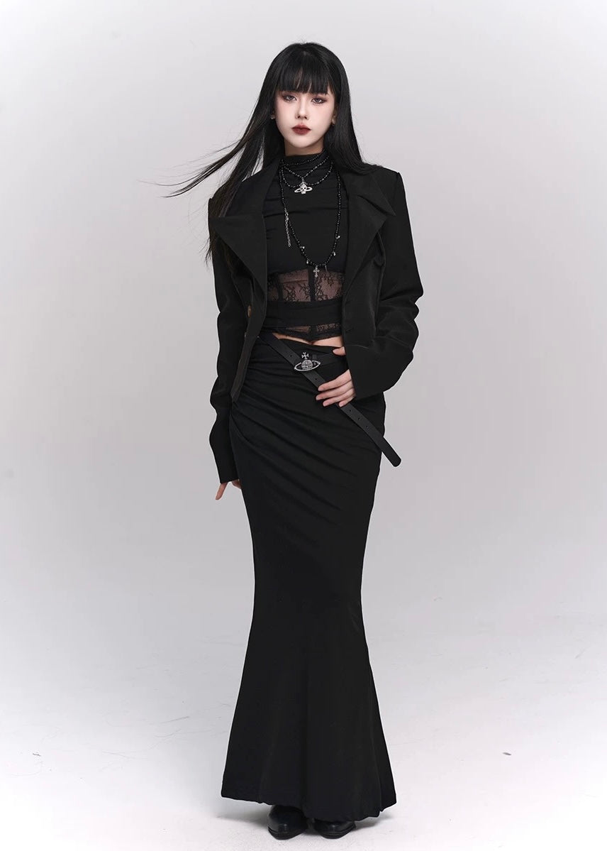 [Same-day shipping] Black lace cut and sew &amp; mermaid skirt / LG1143