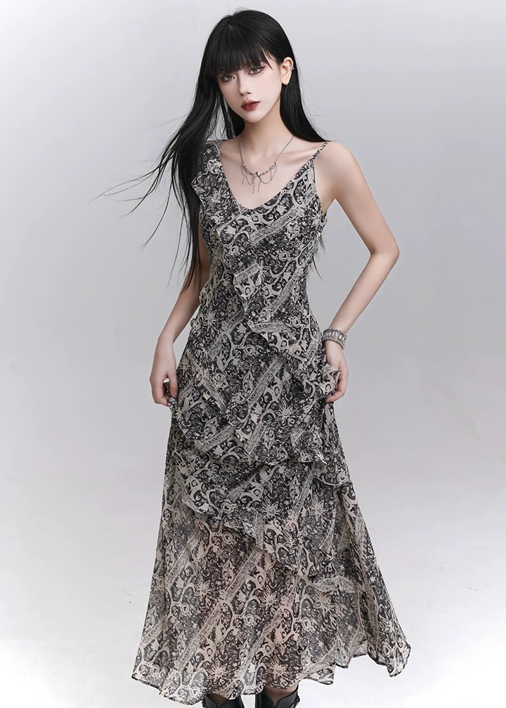 Grey tie-dye x tulle drape dress / lg1312 