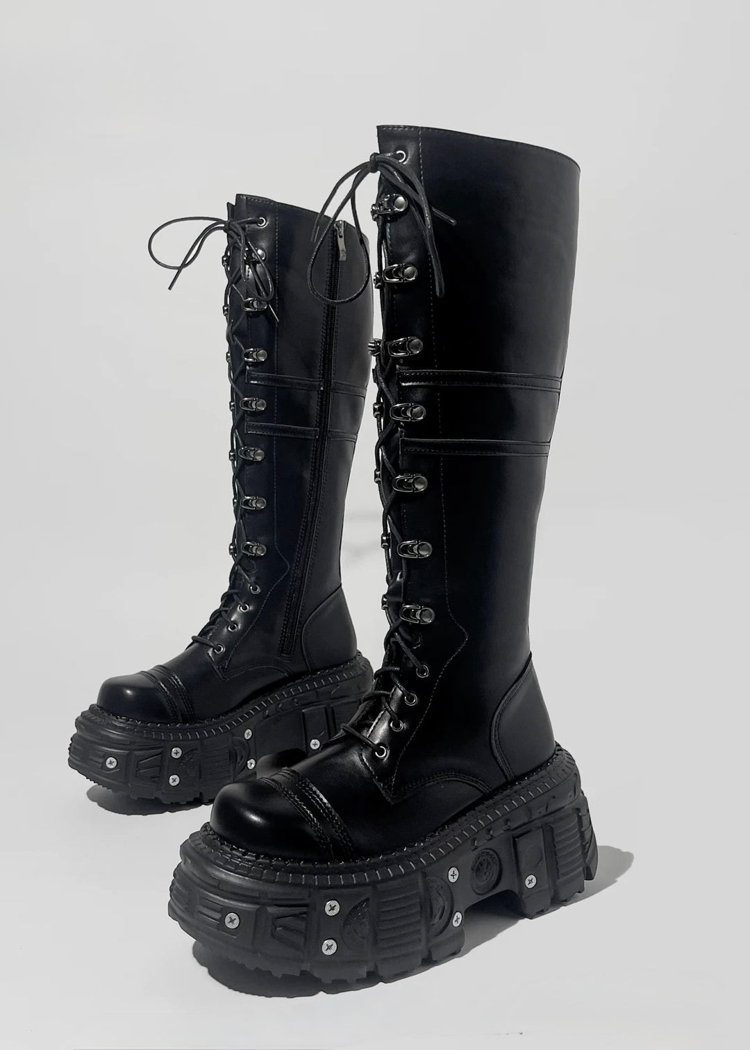 Black platform lace-up long boots / V1101