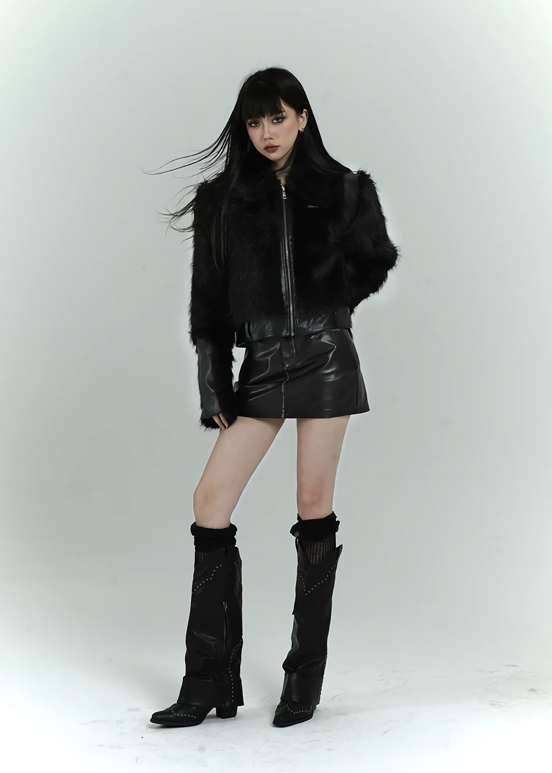 short faux black fur jacket / LG1168