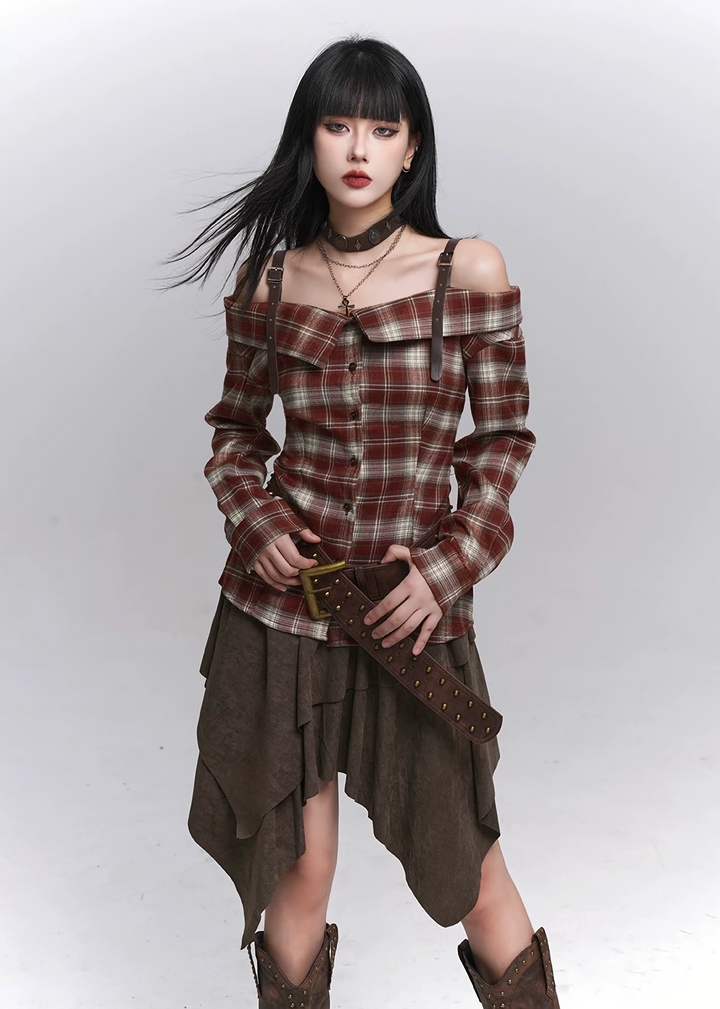 Plaid Off-Shoulder Strap Shirt / lg1366